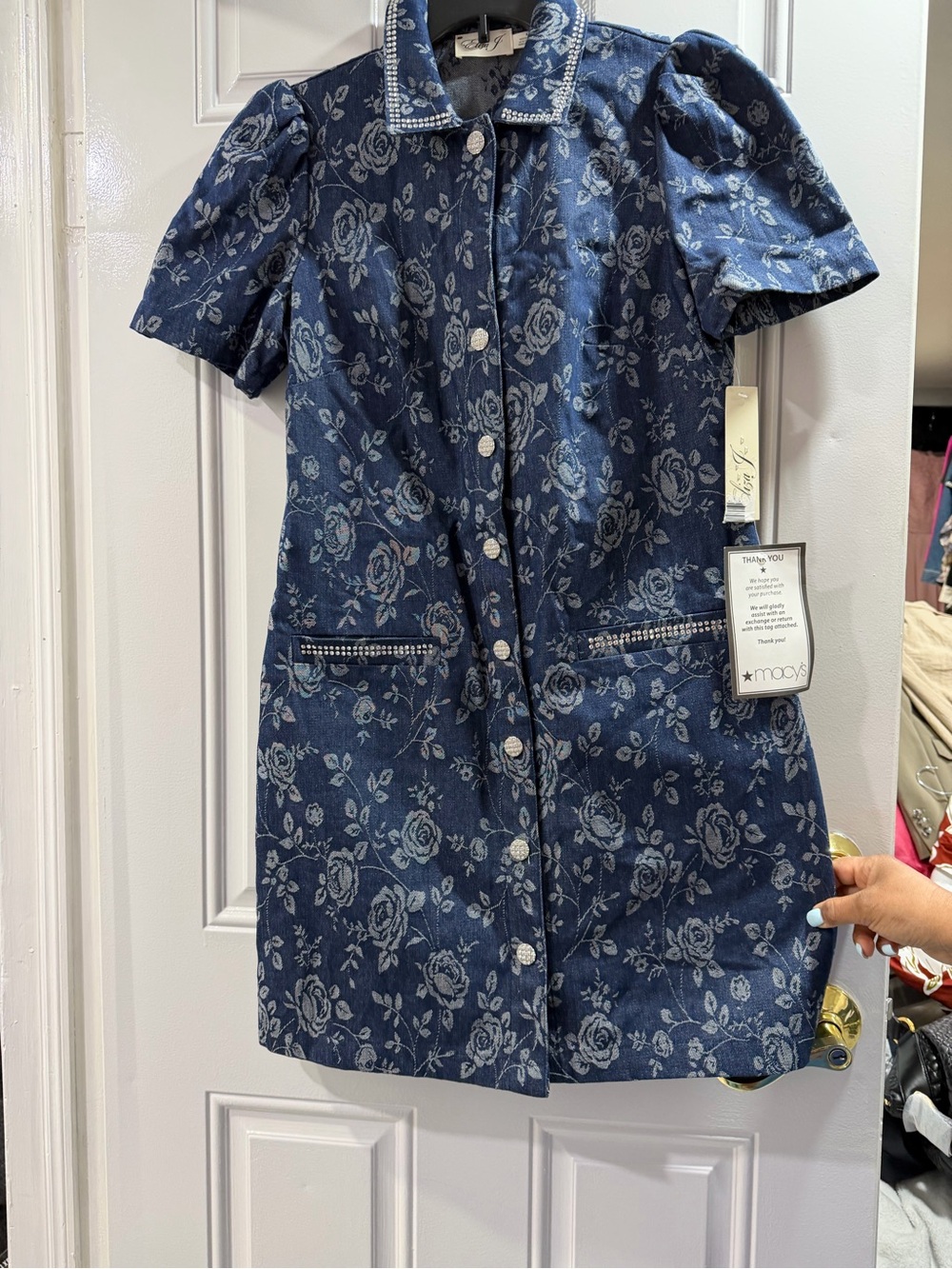 Eliza J Navy Floral Denim Dress with Pearl-Trim Collar